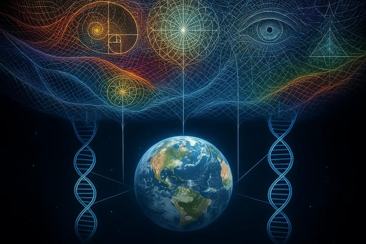 Earth flanked by DNA double helices beneath an intricate network of luminous geometric fields, symbolizing the relationship between biological life and the adjutant mind spirits.