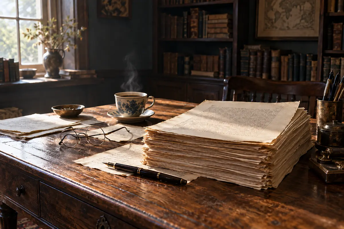 Historical-style illustration of typewritten manuscripts in a book-lined study, evoking the early preparation and documentation of The Urantia Papers.