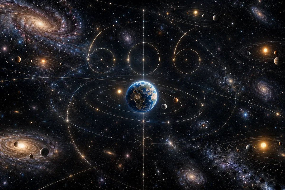 Earth at the center of a vast cosmic landscape of galaxies, planetary systems, and orbital pathways, illustrating Urantia's place among inhabited worlds.